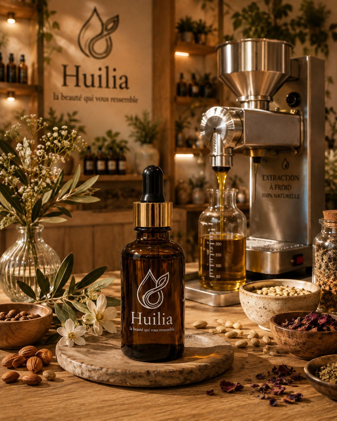Flacon Huilia et extraction à froid